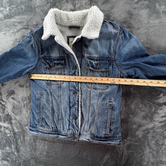 Abercrombie Fitch Sherpa Lined Denim Jacket Men S Blue Trucker Distressed - Picture 6 of 8